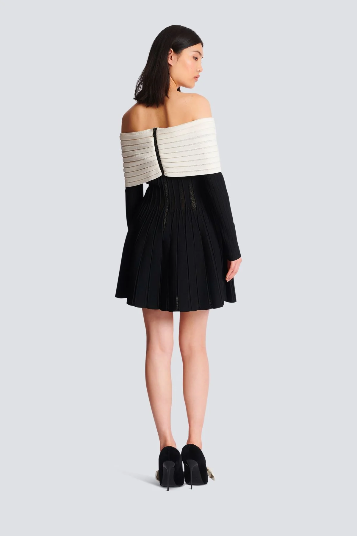 Balmain Off The Shoulder Knit Mini Dress - Black/ White - Image 3