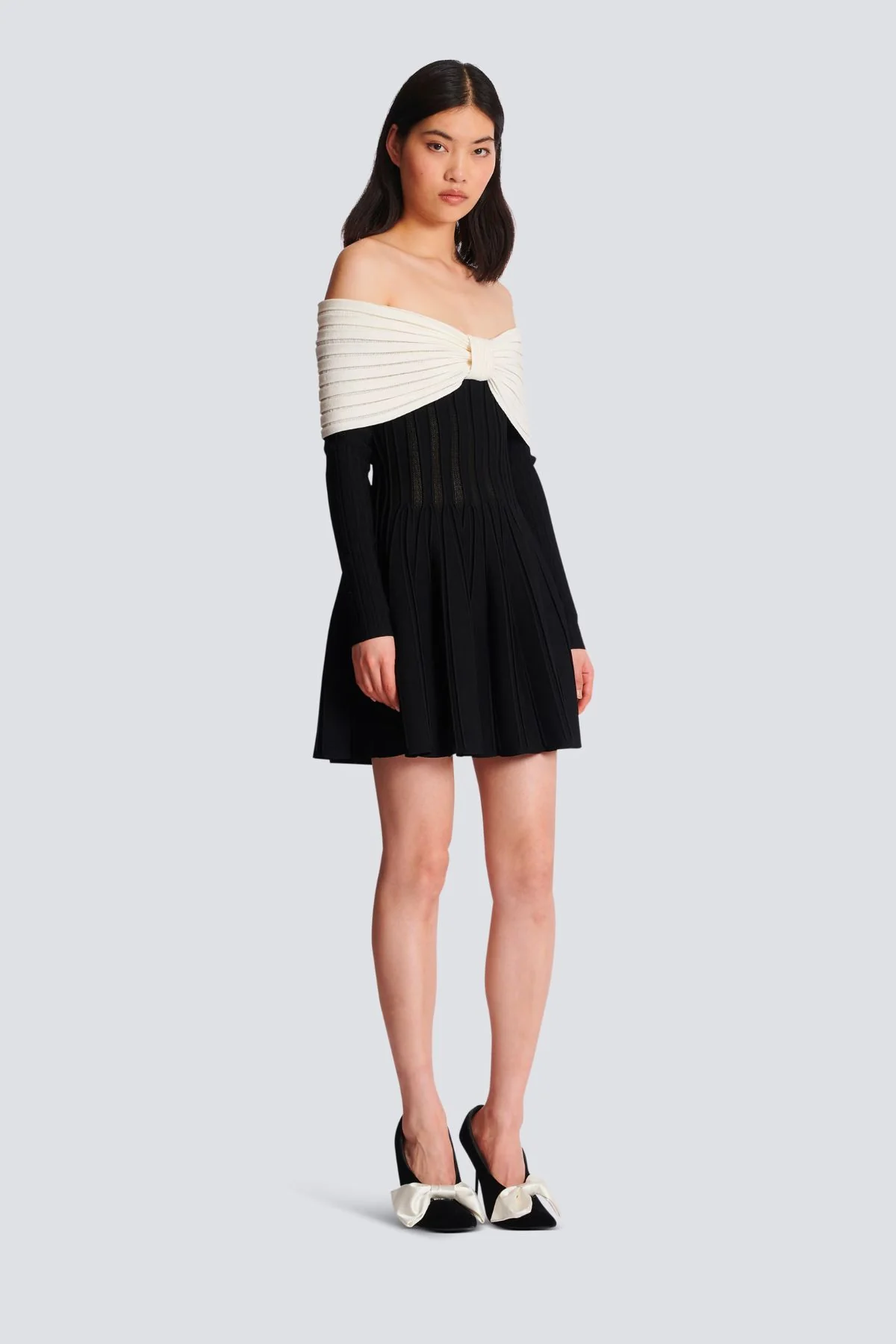 Balmain Off The Shoulder Knit Mini Dress - Black/ White - Image 4