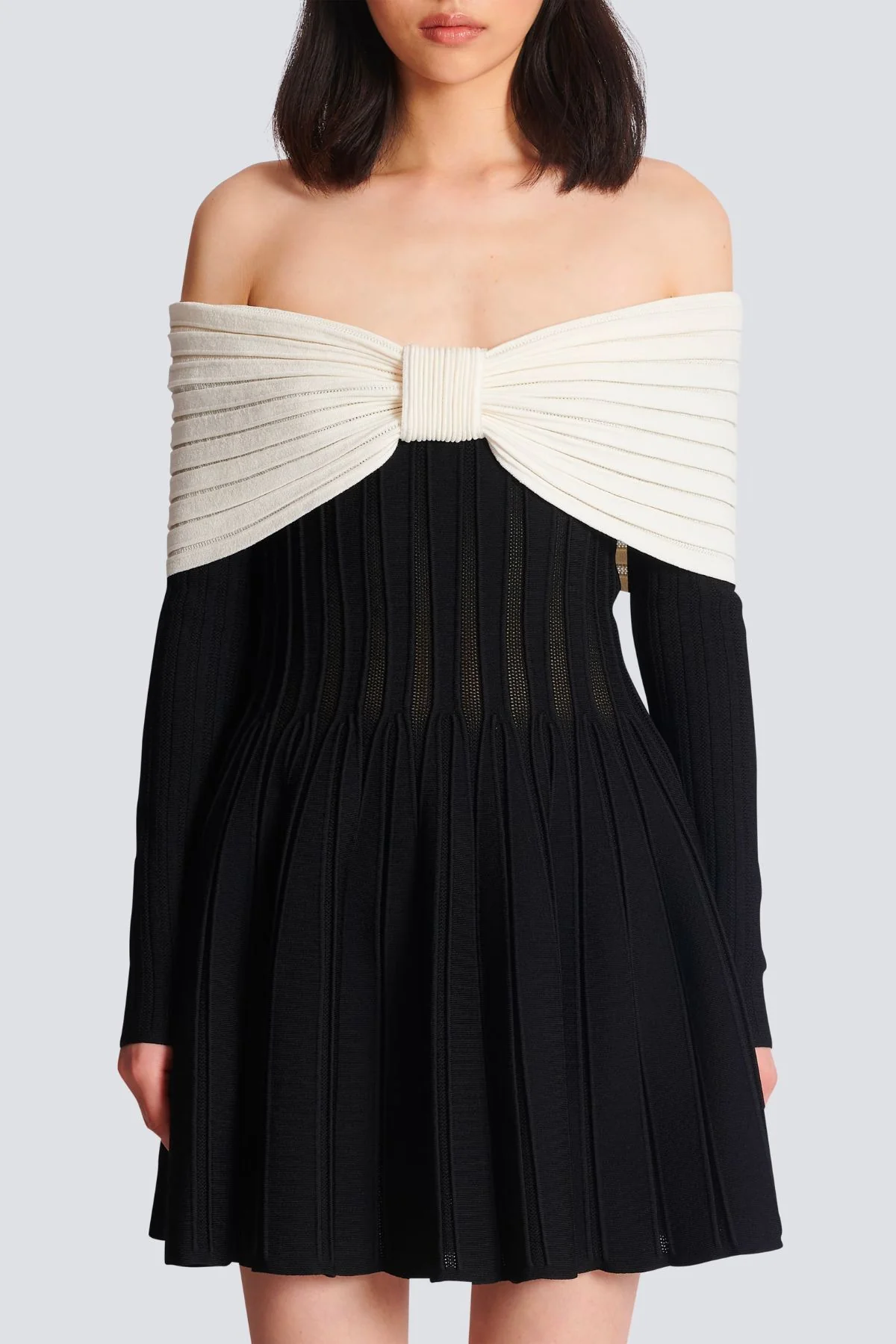 Balmain Off The Shoulder Knit Mini Dress - Black/ White - Image 5