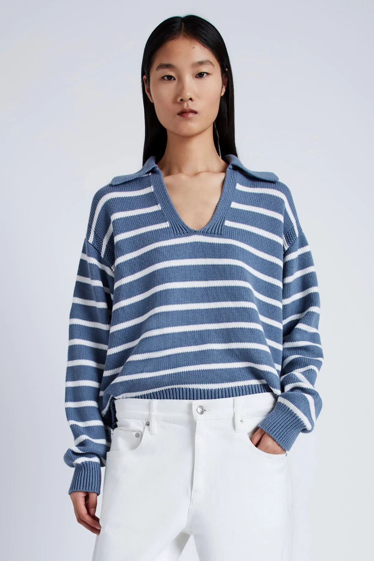 Proenza Schouler White Label Stripe Murphy Knit Sweater - Slate/ Chalk - Image 5